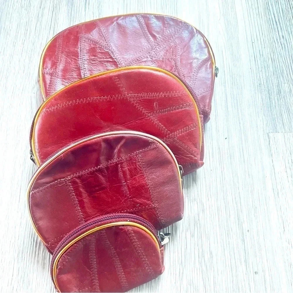 Vintage Genuine Burgundy Leather Mini Bags  Pouch Wallet One Set